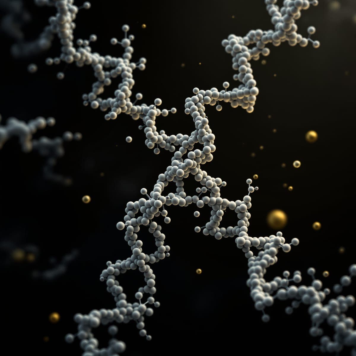 3D rendering of a complex peptide chain — pearl-white amino-acid spheres connected by peptide bonds, against a deep black backdrop.